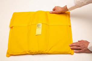 An AvSax lithium-ion battery fire containment bag used extensively on aircraft
